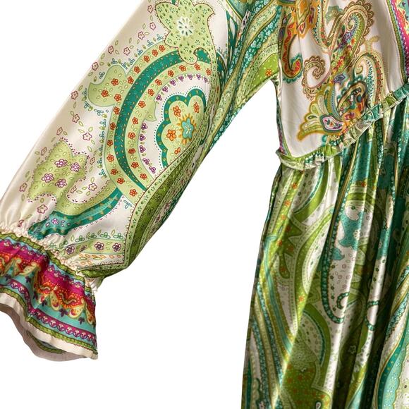 Anna Kay Lace Trim V Neck Satin Maxi Dress Green Multi Paisley Print Size Small? - Picture 3 of 8